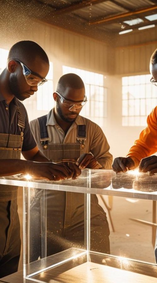 A photo of African fabricators working on a Perspex Podium in a workshop